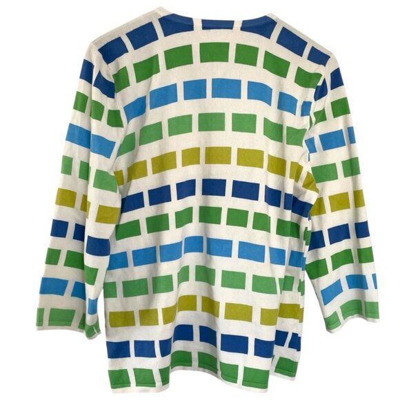 J McLaughlin V Neck Henley Pullover Sweater XL Blue Green White Geometric Print - Picture 2 of 5